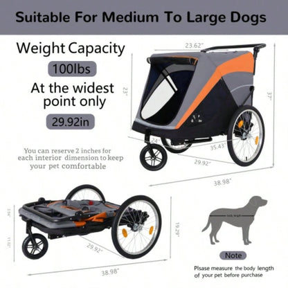 2 - in - 1 Bike Trailer Push Cart Pets - Detachable Bike Hitch Push Handle Included - Quick Release Wheel, Internal Leash, Dual Cup Pockets and Underneath Storage Bag, Holds Pets Up to lbs