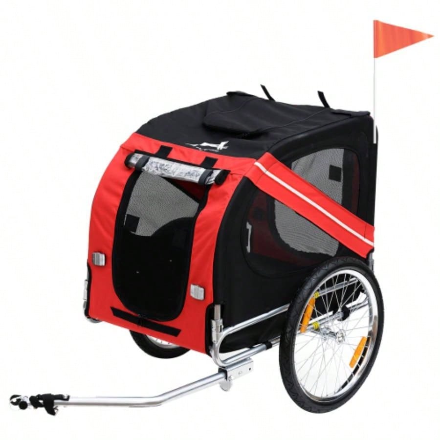 Aosom Dog Bike Trailer Pet Cart Wagon Cargo Attachment Travel with 3 Entrances Large Wheels Off - Road Mesh Screen - Red/ Black
