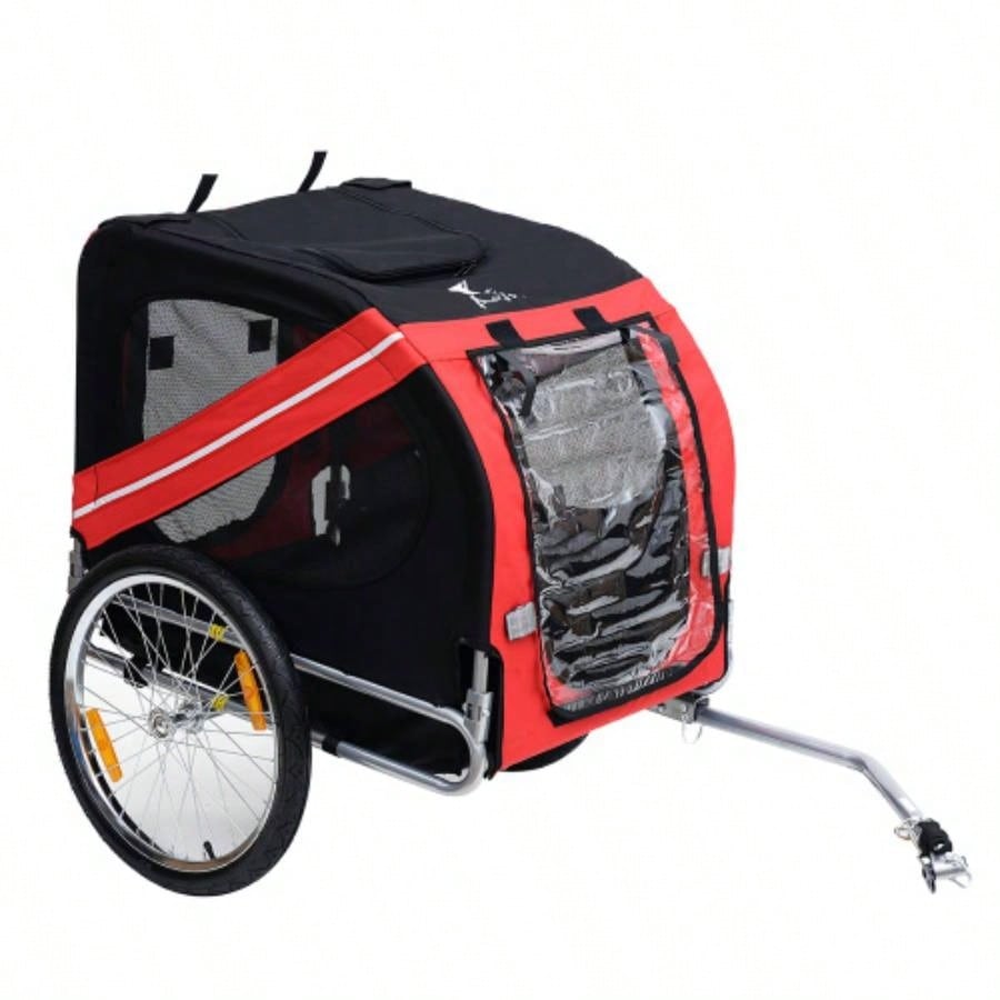 Aosom Dog Bike Trailer Pet Cart Wagon Cargo Attachment Travel with 3 Entrances Large Wheels Off - Road Mesh Screen - Red/ Black