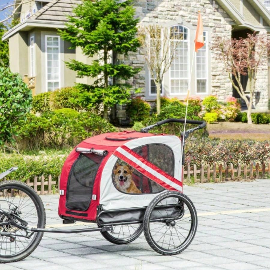 Aosom 2 - in - 1 Pet Bike Trailer Small Dogs, Road - Visibility Stroller, Weather - Strong Bike Wagon Trailer Sidecar Attachment, Red