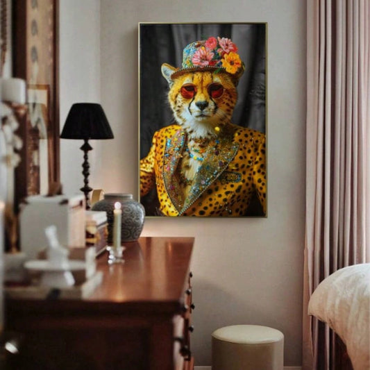 Abstract Art Wall Decor: Stylish Cheetah in Leopard Print Suit with and Hat Featuring Flower - Unique Modern Canvas Painting Living Room, Bedroom, Office decorative picture