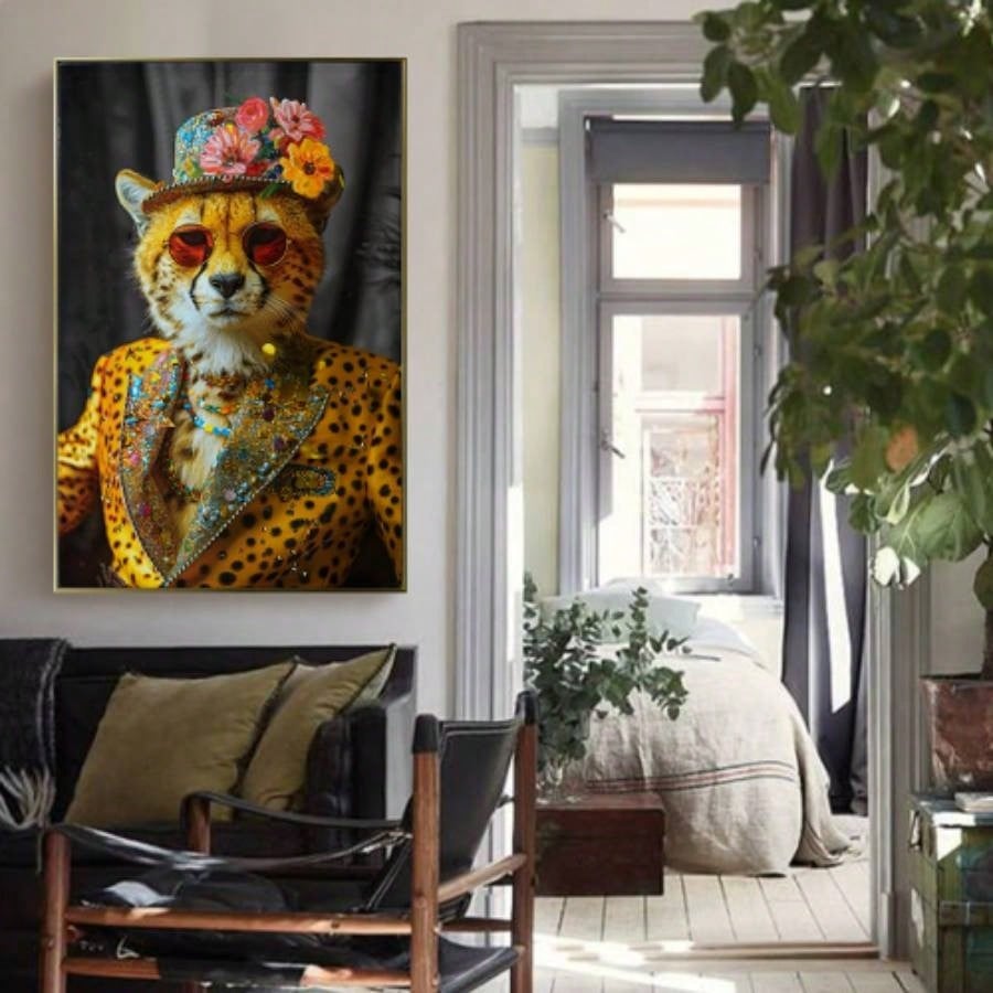 Abstract Art Wall Decor: Stylish Cheetah in Leopard Print Suit with and Hat Featuring Flower - Unique Modern Canvas Painting Living Room, Bedroom, Office decorative picture