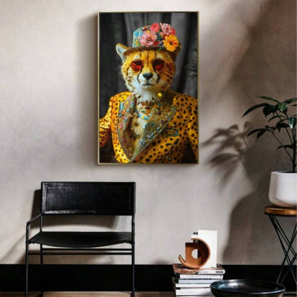 Abstract Art Wall Decor: Stylish Cheetah in Leopard Print Suit with and Hat Featuring Flower - Unique Modern Canvas Painting Living Room, Bedroom, Office decorative picture