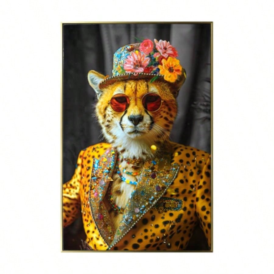 Abstract Art Wall Decor: Stylish Cheetah in Leopard Print Suit with and Hat Featuring Flower - Unique Modern Canvas Painting Living Room, Bedroom, Office decorative picture