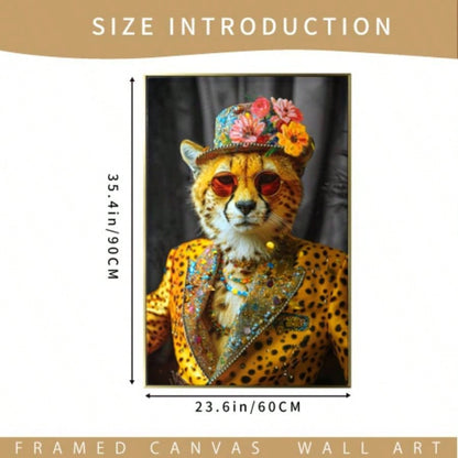 Abstract Art Wall Decor: Stylish Cheetah in Leopard Print Suit with and Hat Featuring Flower - Unique Modern Canvas Painting Living Room, Bedroom, Office decorative picture