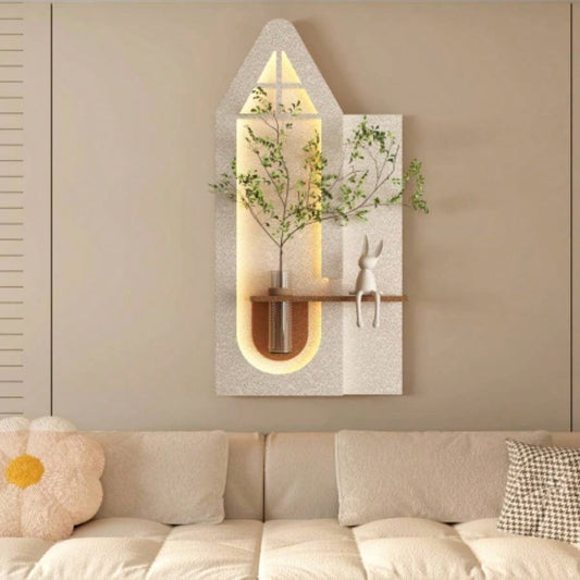 Adjustable 3 - Color LED Sandstone Wall Decor with Simulated Green Plants - 3D Art Sculpture, Glass Vase Rabbit Statue, Remote Control Light Strips Living Room, Bedroom, Hallway