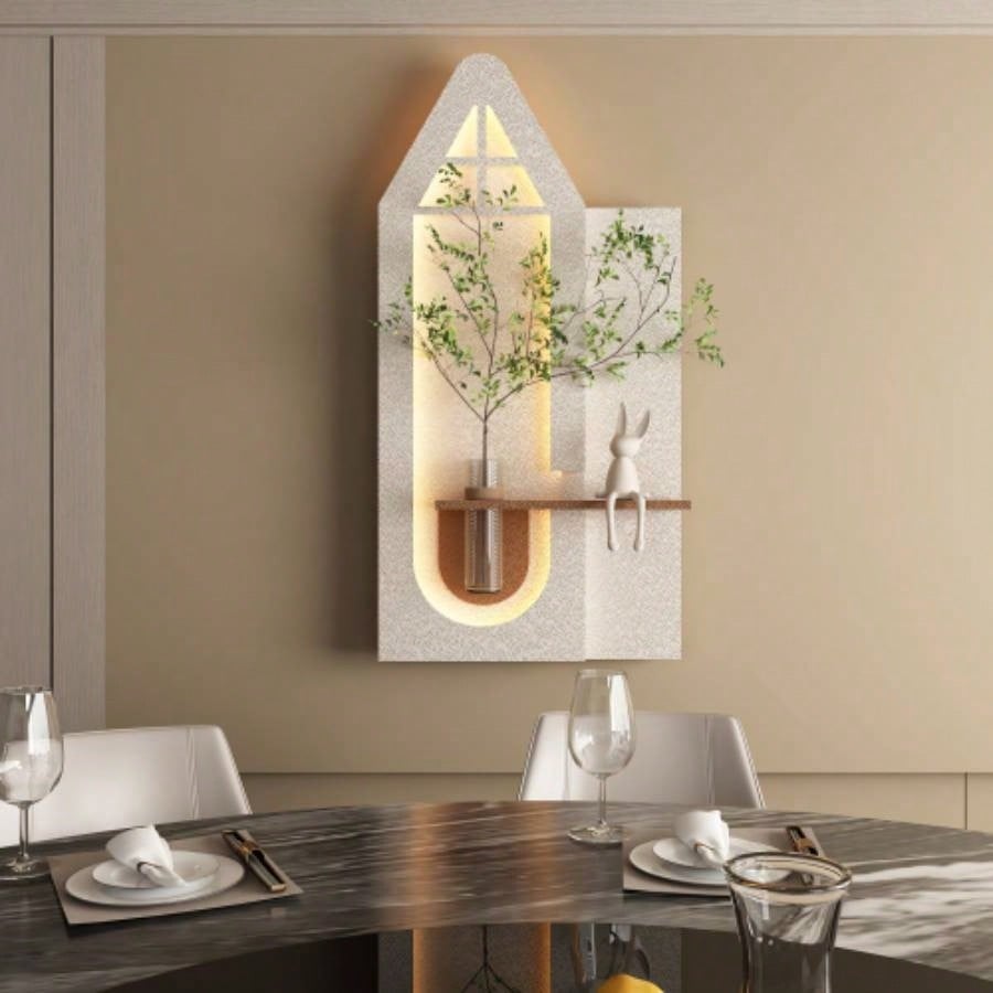 Adjustable 3 - Color LED Sandstone Wall Decor with Simulated Green Plants - 3D Art Sculpture, Glass Vase Rabbit Statue, Remote Control Light Strips Living Room, Bedroom, Hallway