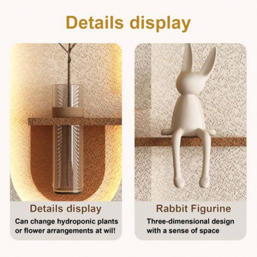 Adjustable 3 - Color LED Sandstone Wall Decor with Simulated Green Plants - 3D Art Sculpture, Glass Vase Rabbit Statue, Remote Control Light Strips Living Room, Bedroom, Hallway