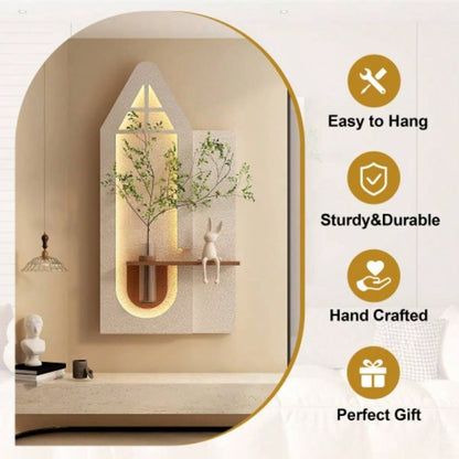 Adjustable 3 - Color LED Sandstone Wall Decor with Simulated Green Plants - 3D Art Sculpture, Glass Vase Rabbit Statue, Remote Control Light Strips Living Room, Bedroom, Hallway