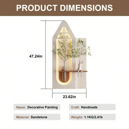 Adjustable 3 - Color LED Sandstone Wall Decor with Simulated Green Plants - 3D Art Sculpture, Glass Vase Rabbit Statue, Remote Control Light Strips Living Room, Bedroom, Hallway