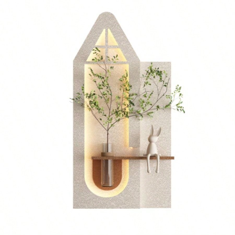 Adjustable 3 - Color LED Sandstone Wall Decor with Simulated Green Plants - 3D Art Sculpture, Glass Vase Rabbit Statue, Remote Control Light Strips Living Room, Bedroom, Hallway