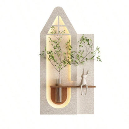 Adjustable 3 - Color LED Sandstone Wall Decor with Simulated Green Plants - 3D Art Sculpture, Glass Vase Rabbit Statue, Remote Control Light Strips Living Room, Bedroom, Hallway