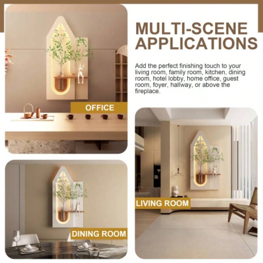 Adjustable 3 - Color LED Sandstone Wall Decor with Simulated Green Plants - 3D Art Sculpture, Glass Vase Rabbit Statue, Remote Control Light Strips Living Room, Bedroom, Hallway