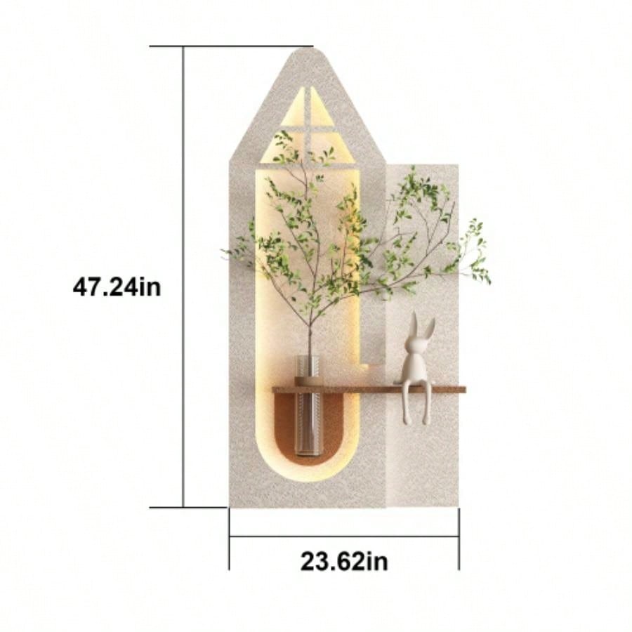 Adjustable 3 - Color LED Sandstone Wall Decor with Simulated Green Plants - 3D Art Sculpture, Glass Vase Rabbit Statue, Remote Control Light Strips Living Room, Bedroom, Hallway