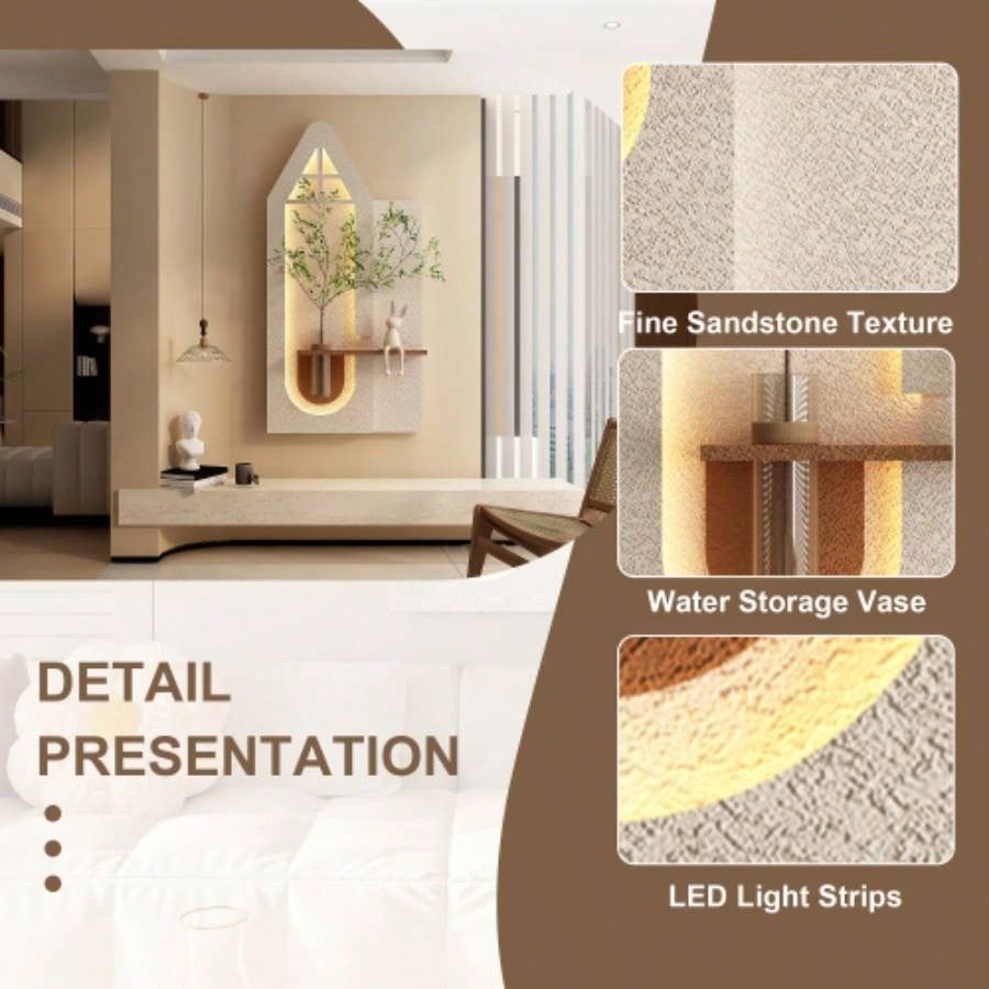Adjustable 3 - Color LED Sandstone Wall Decor with Simulated Green Plants - 3D Art Sculpture, Glass Vase Rabbit Statue, Remote Control Light Strips Living Room, Bedroom, Hallway