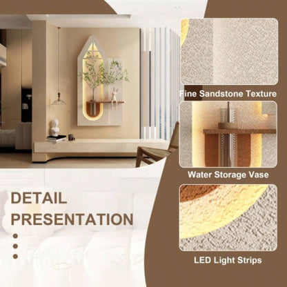 Adjustable 3 - Color LED Sandstone Wall Decor with Simulated Green Plants - 3D Art Sculpture, Glass Vase Rabbit Statue, Remote Control Light Strips Living Room, Bedroom, Hallway