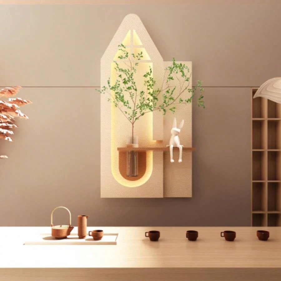 Adjustable 3 - Color LED Sandstone Wall Decor with Simulated Green Plants - 3D Art Sculpture, Glass Vase Rabbit Statue, Remote Control Light Strips Living Room, Bedroom, Hallway