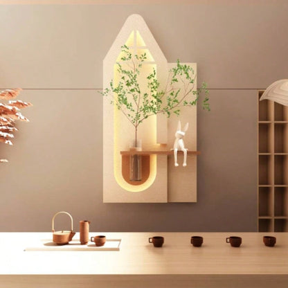 Adjustable 3 - Color LED Sandstone Wall Decor with Simulated Green Plants - 3D Art Sculpture, Glass Vase Rabbit Statue, Remote Control Light Strips Living Room, Bedroom, Hallway