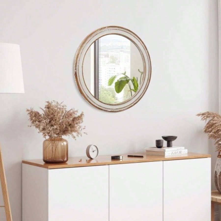 23.62 inches Round Wall Mirror Bathroom Vanity, Wooden Farmhouse Circle Mirrors Bedroom, Entryway, Living Room, Kithen Whitewash Decorative Mirror Home, Office