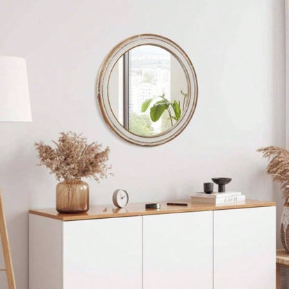 23.62 inches Round Wall Mirror Bathroom Vanity, Wooden Farmhouse Circle Mirrors Bedroom, Entryway, Living Room, Kithen Whitewash Decorative Mirror Home, Office