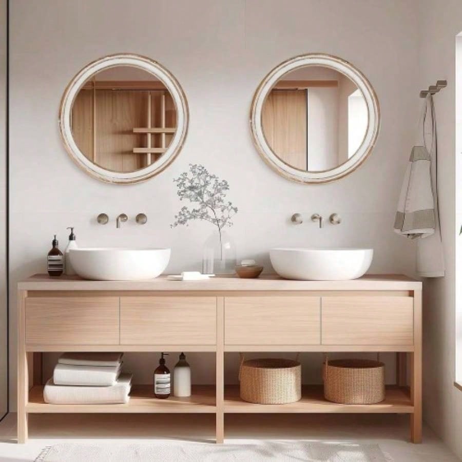 23.62 inches Round Wall Mirror Bathroom Vanity, Wooden Farmhouse Circle Mirrors Bedroom, Entryway, Living Room, Kithen Whitewash Decorative Mirror Home, Office