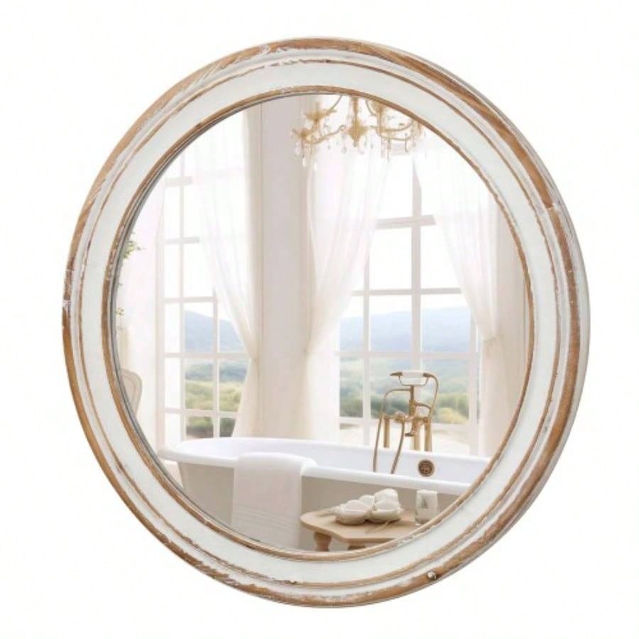 23.62 inches Round Wall Mirror Bathroom Vanity, Wooden Farmhouse Circle Mirrors Bedroom, Entryway, Living Room, Kithen Whitewash Decorative Mirror Home, Office