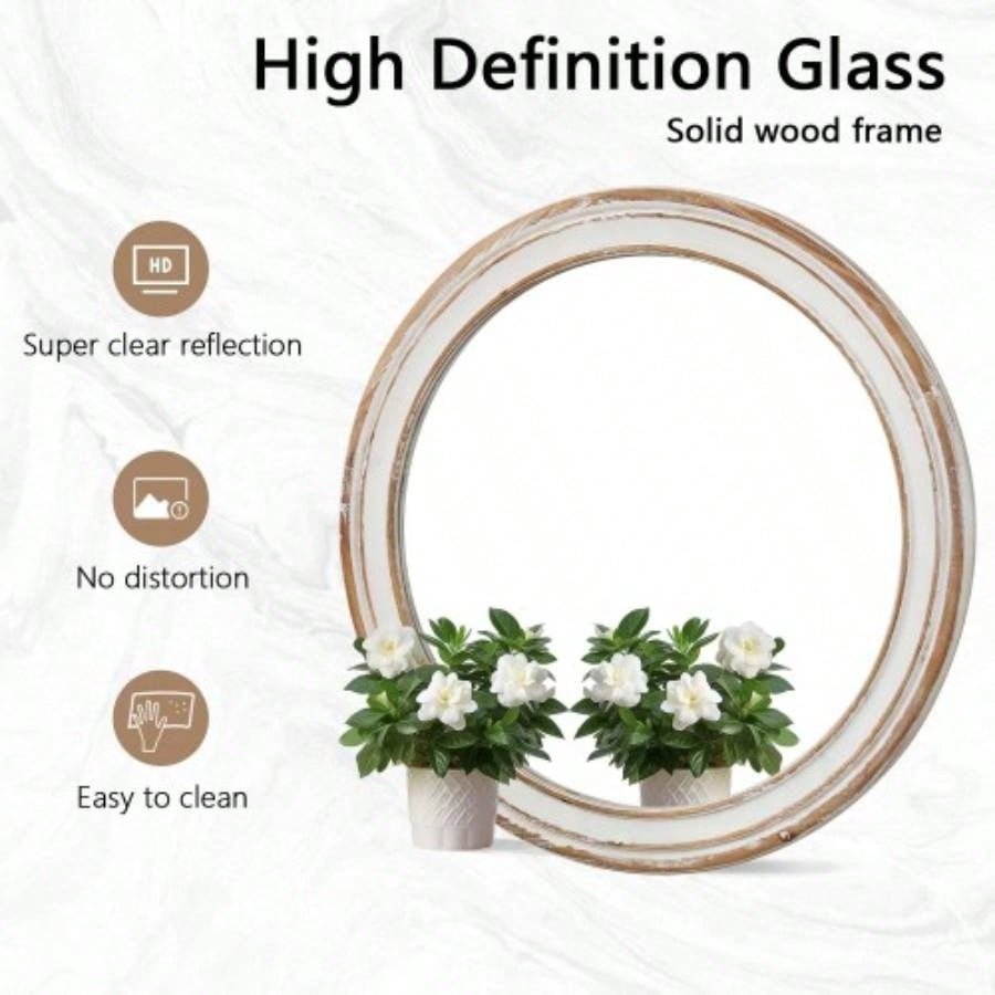 23.62 inches Round Wall Mirror Bathroom Vanity, Wooden Farmhouse Circle Mirrors Bedroom, Entryway, Living Room, Kithen Whitewash Decorative Mirror Home, Office