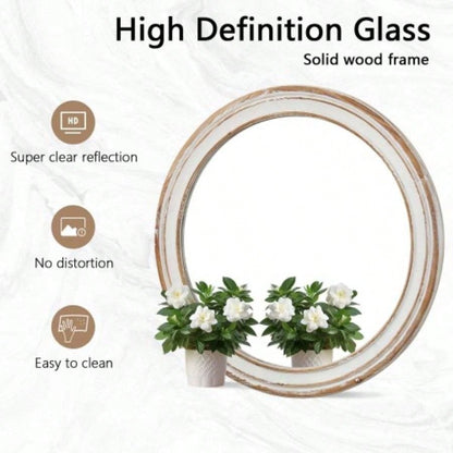 23.62 inches Round Wall Mirror Bathroom Vanity, Wooden Farmhouse Circle Mirrors Bedroom, Entryway, Living Room, Kithen Whitewash Decorative Mirror Home, Office