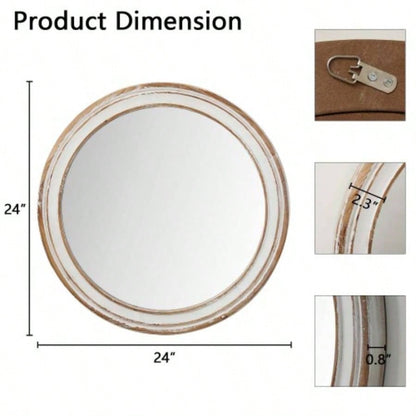 23.62 inches Round Wall Mirror Bathroom Vanity, Wooden Farmhouse Circle Mirrors Bedroom, Entryway, Living Room, Kithen Whitewash Decorative Mirror Home, Office