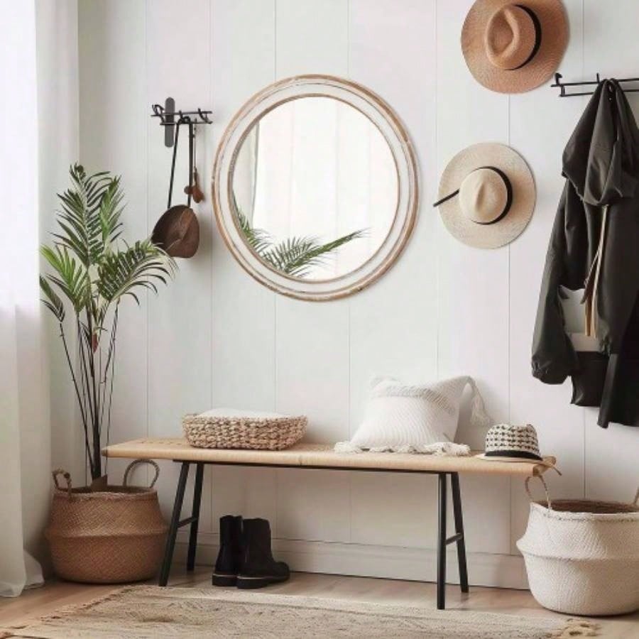 23.62 inches Round Wall Mirror Bathroom Vanity, Wooden Farmhouse Circle Mirrors Bedroom, Entryway, Living Room, Kithen Whitewash Decorative Mirror Home, Office