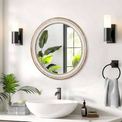 23.62 inches Round Wall Mirror Bathroom Vanity, Wooden Farmhouse Circle Mirrors Bedroom, Entryway, Living Room, Kithen Whitewash Decorative Mirror Home, Office