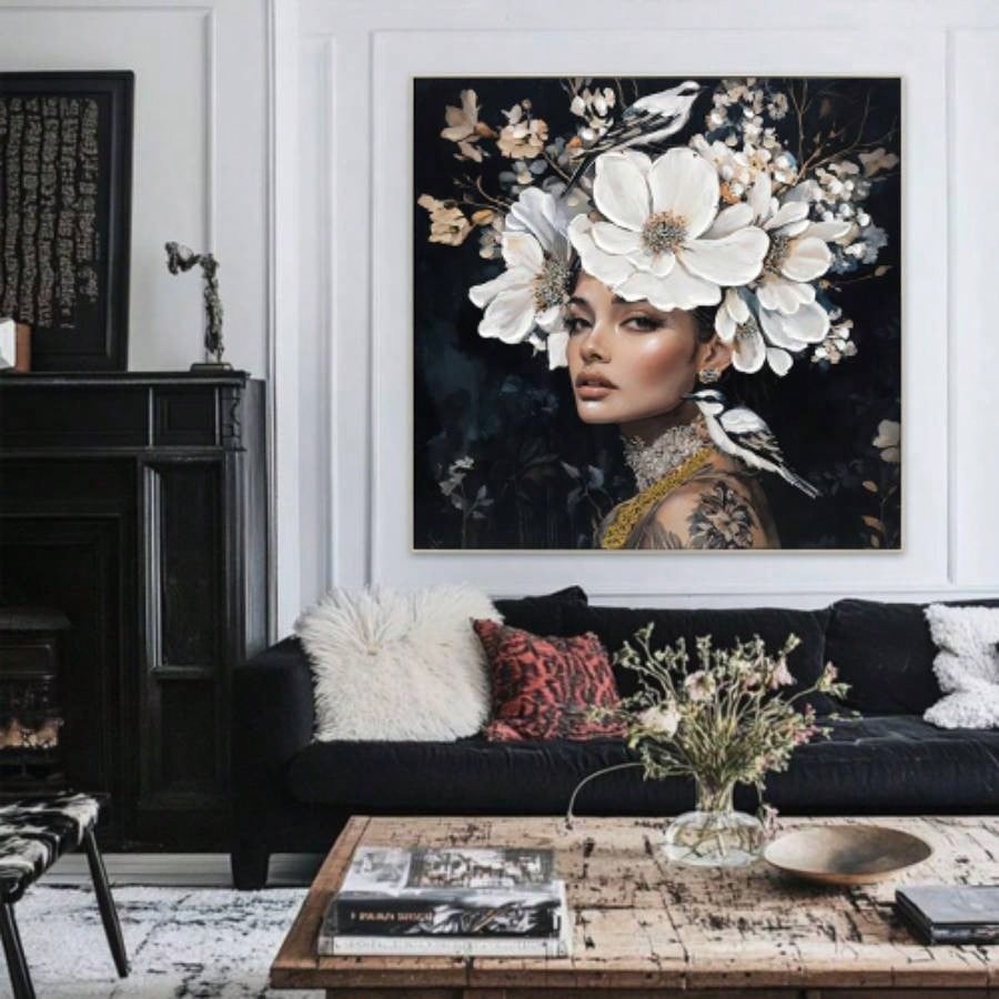 Floral Woman Canvas Wall Art Black and White Bird Tattoo Portrait Modern Aesthetic Artwork Living Room Bedroom Office Art oil painting decorative picture