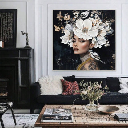 Floral Woman Canvas Wall Art Black and White Bird Tattoo Portrait Modern Aesthetic Artwork Living Room Bedroom Office Art oil painting decorative picture