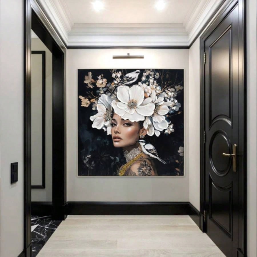 Floral Woman Canvas Wall Art Black and White Bird Tattoo Portrait Modern Aesthetic Artwork Living Room Bedroom Office Art oil painting decorative picture