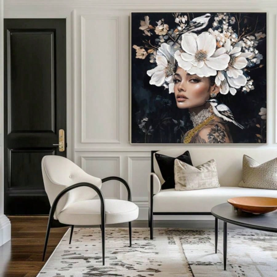 Floral Woman Canvas Wall Art Black and White Bird Tattoo Portrait Modern Aesthetic Artwork Living Room Bedroom Office Art oil painting decorative picture