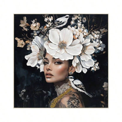 Floral Woman Canvas Wall Art Black and White Bird Tattoo Portrait Modern Aesthetic Artwork Living Room Bedroom Office Art oil painting decorative picture