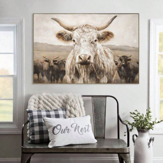 White Highland Cow Canvas Wall Art - Modern Minimalist Animal Art Print Living Room Bedroom Decor, Framed in Solid Wood, Nature Inspired Wall Decordecorative picture Oil painting