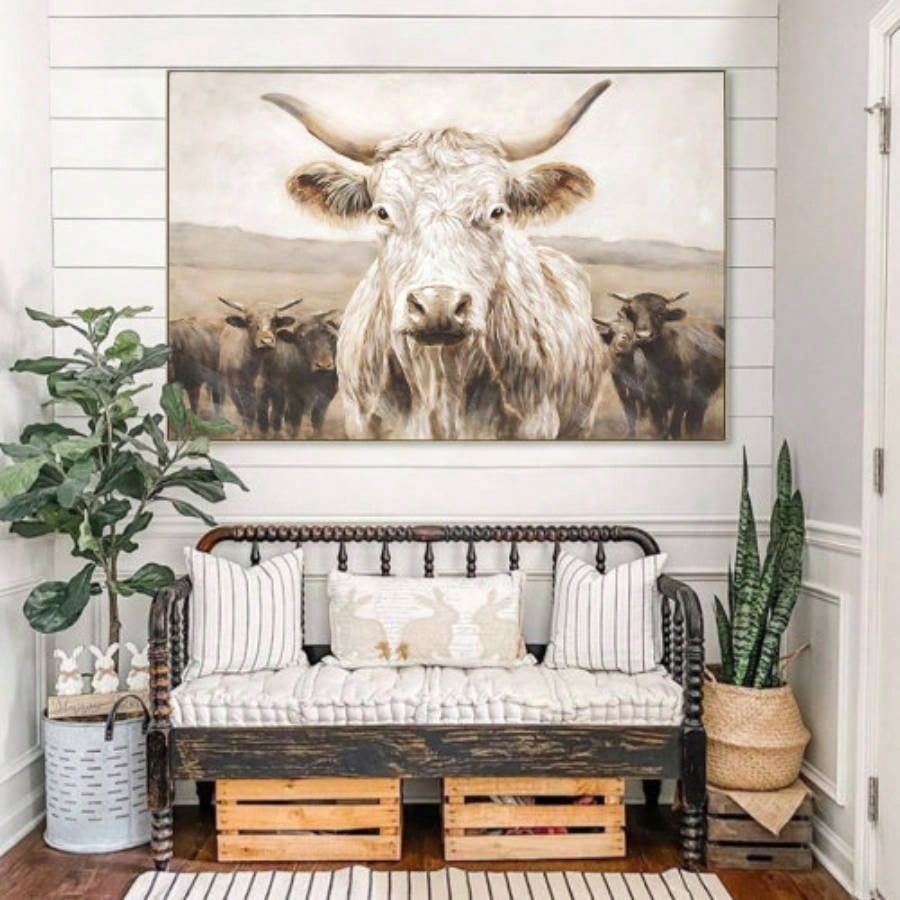 White Highland Cow Canvas Wall Art - Modern Minimalist Animal Art Print Living Room Bedroom Decor, Framed in Solid Wood, Nature Inspired Wall Decordecorative picture Oil painting
