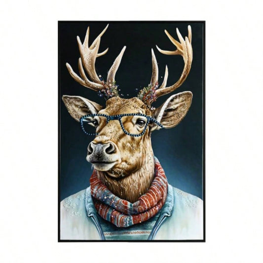 Vintage Deer Canvas Wall Art with Glasses and Scarf Animal Portrait British Countryside Home Decor Premium Gallery Wrapped Art Print Study Room Living Room decorative picture painting