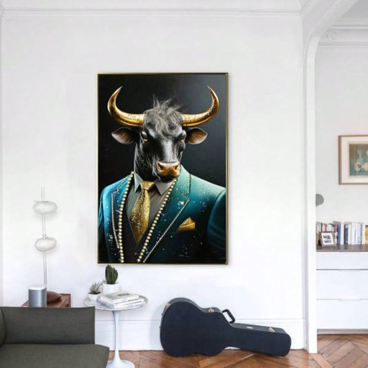 Executive Blue Buffalo Canvas Wall Art - Dapper Animal Portrait in Tailored Suit Modern British Humour Home Decor Premium Gallery Wrapped Artwork Office Lounge Study Room decorative picture