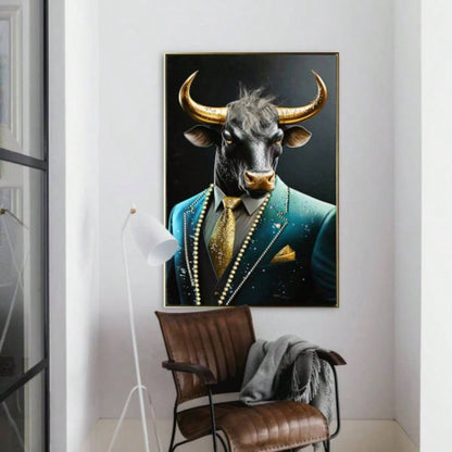 Executive Blue Buffalo Canvas Wall Art - Dapper Animal Portrait in Tailored Suit Modern British Humour Home Decor Premium Gallery Wrapped Artwork Office Lounge Study Room decorative picture