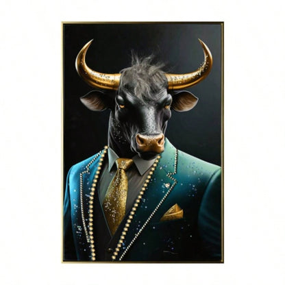 Executive Blue Buffalo Canvas Wall Art - Dapper Animal Portrait in Tailored Suit Modern British Humour Home Decor Premium Gallery Wrapped Artwork Office Lounge Study Room decorative picture
