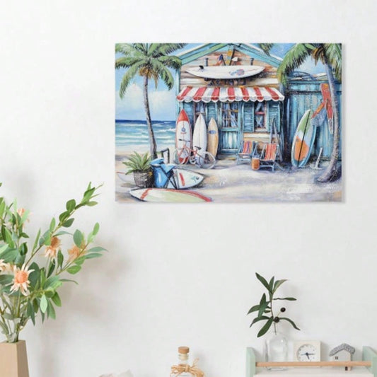 Blue Beach House Surfboard Coconut Tree Ocean Wall Art - Coastal Tropical Landscape Mural Print - Vibrant Seaside Decor Living Room Bedroom Office decorative picture