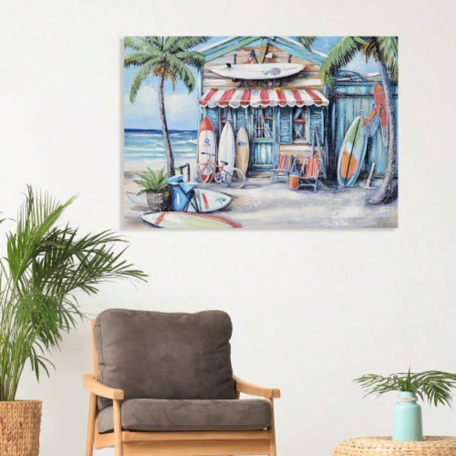 Blue Beach House Surfboard Coconut Tree Ocean Wall Art - Coastal Tropical Landscape Mural Print - Vibrant Seaside Decor Living Room Bedroom Office decorative picture