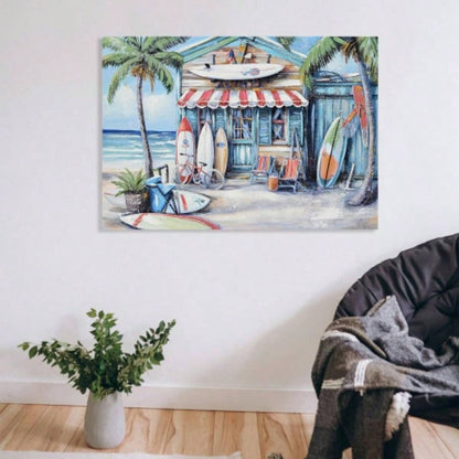 Blue Beach House Surfboard Coconut Tree Ocean Wall Art - Coastal Tropical Landscape Mural Print - Vibrant Seaside Decor Living Room Bedroom Office decorative picture