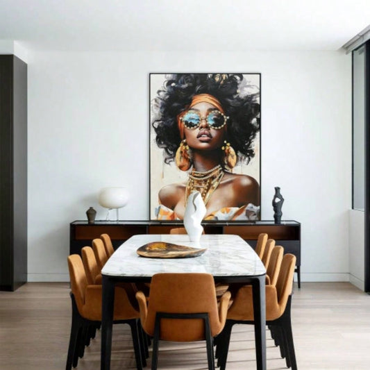 African American Woman Canvas Wall Art with Curly Hair Orange Headwrap Earrings and Modern Afrocentric Decor Living Room Bedroom Office decorative picture