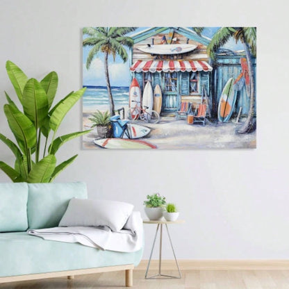 Blue Beach House Surfboard Coconut Tree Ocean Wall Art - Coastal Tropical Landscape Mural Print - Vibrant Seaside Decor Living Room Bedroom Office decorative picture
