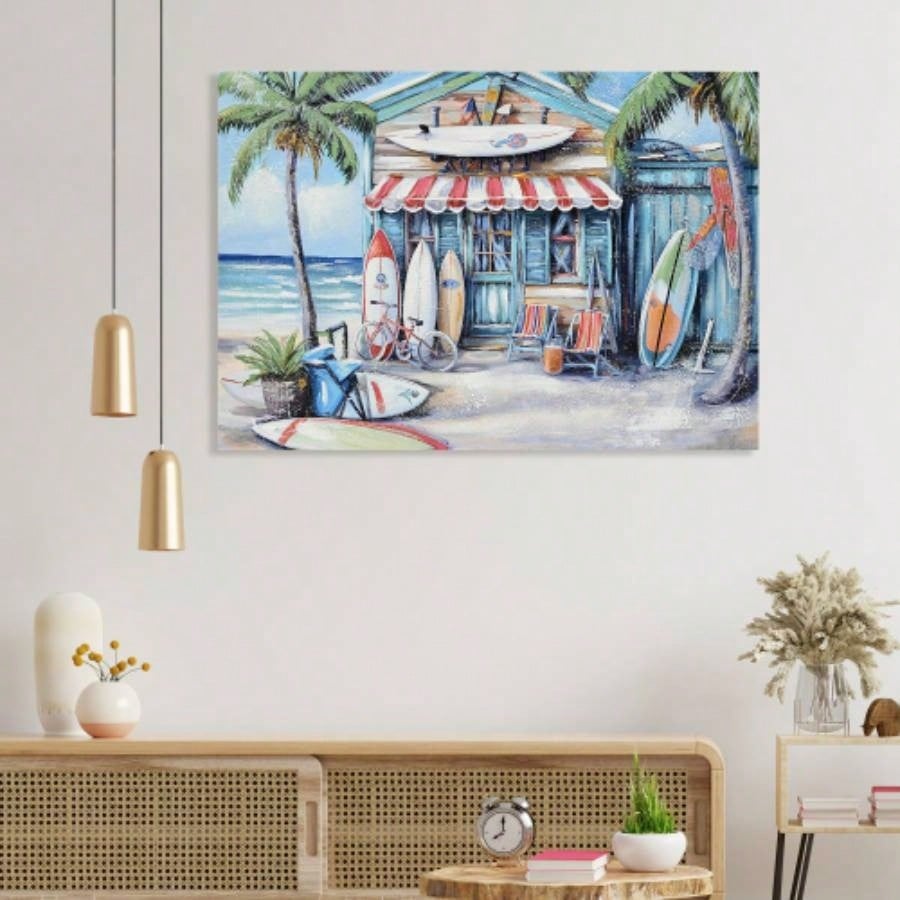 Blue Beach House Surfboard Coconut Tree Ocean Wall Art - Coastal Tropical Landscape Mural Print - Vibrant Seaside Decor Living Room Bedroom Office decorative picture