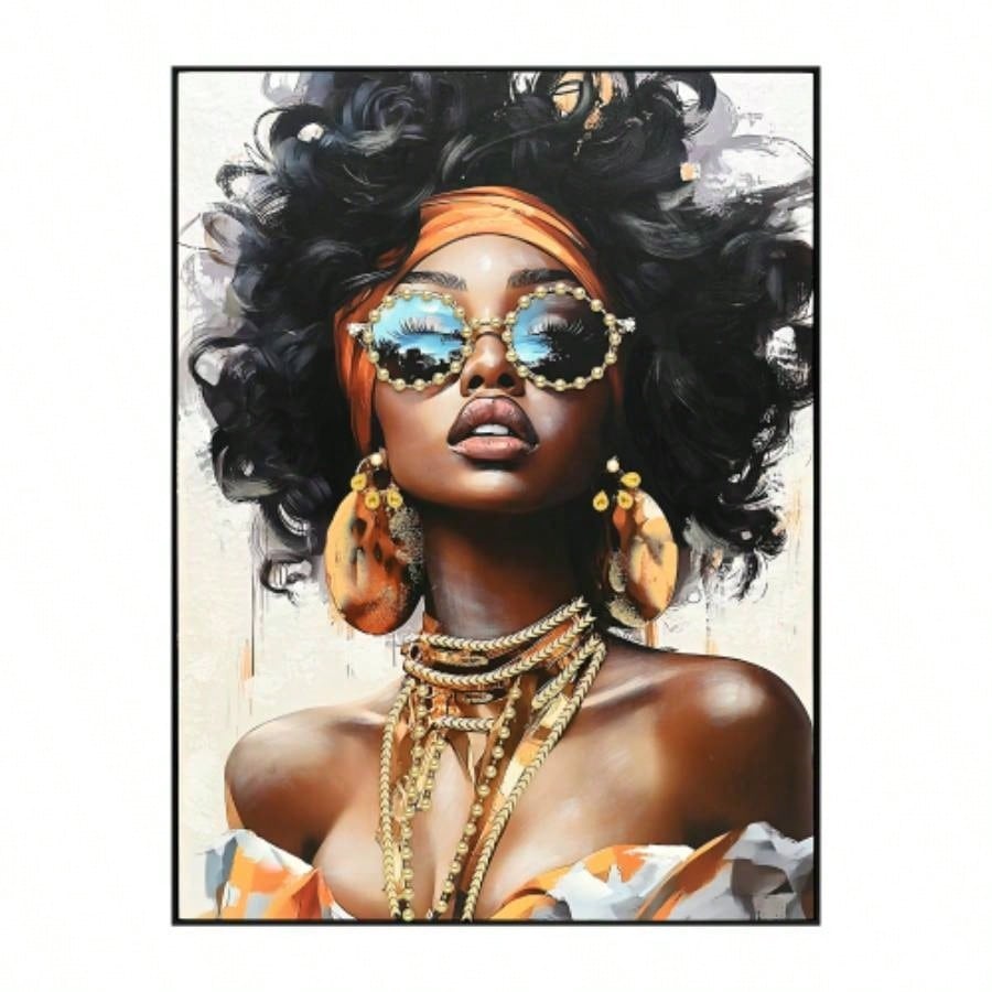 African American Woman Canvas Wall Art with Curly Hair Orange Headwrap Earrings and Modern Afrocentric Decor Living Room Bedroom Office decorative picture