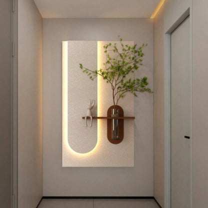 Adjustable 3 - Color LED Sandstone Wall Decor with Simulated Green Plants - 3D Art Sculpture, Glass Vase Rabbit Statue, Remote Control Light Strips Living Room, Bedroom, Hallway